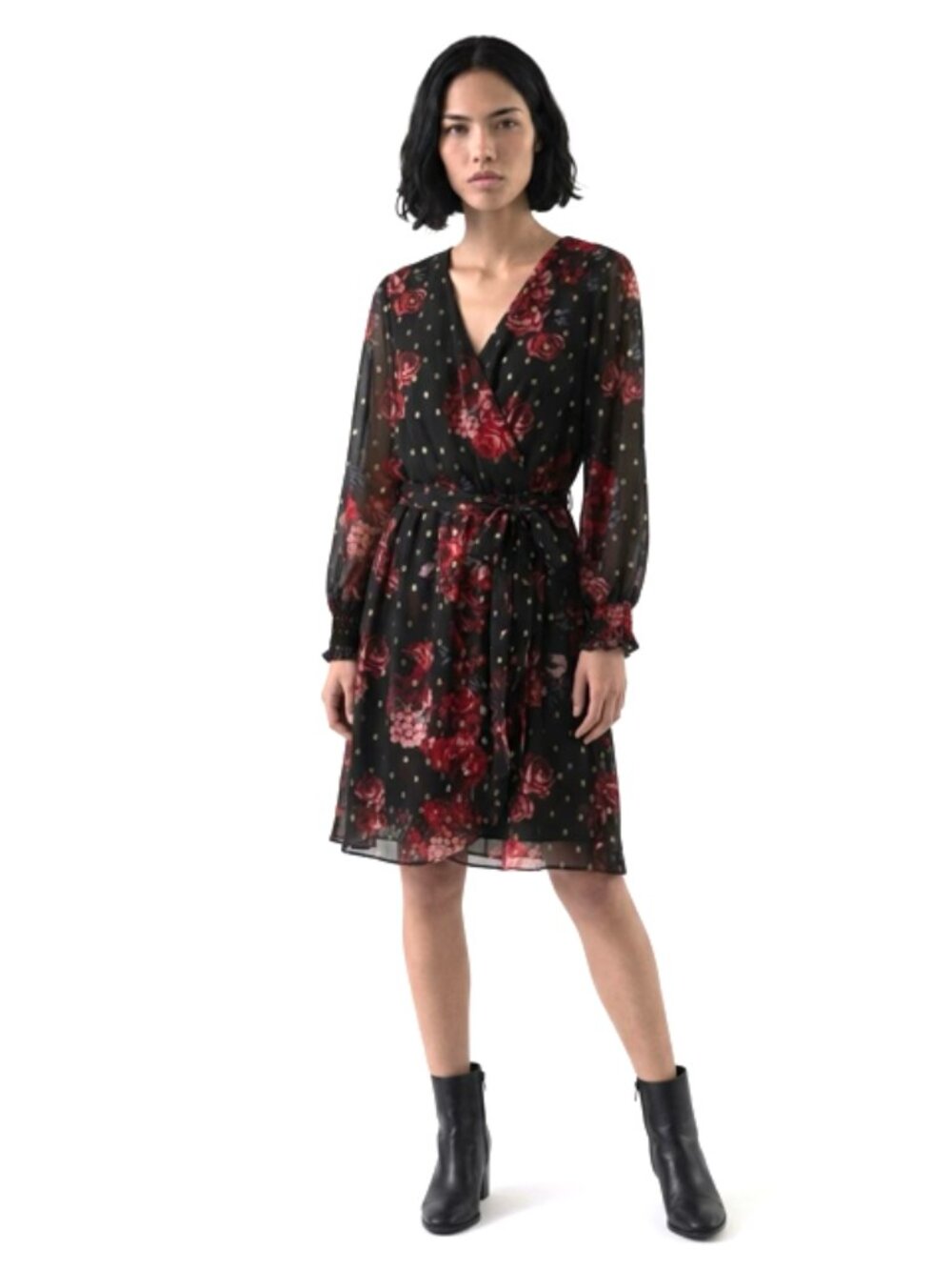 Stella & Julie Black Red Floral Gold Shimmer Faux Wrap Long Sleeve Dress 6